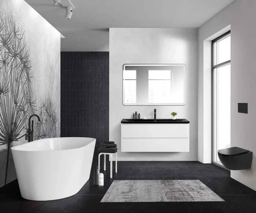 Мебель для ванной комнаты BelBagno Albano 120 подвесная, bianco lucido, черная матовая раковина