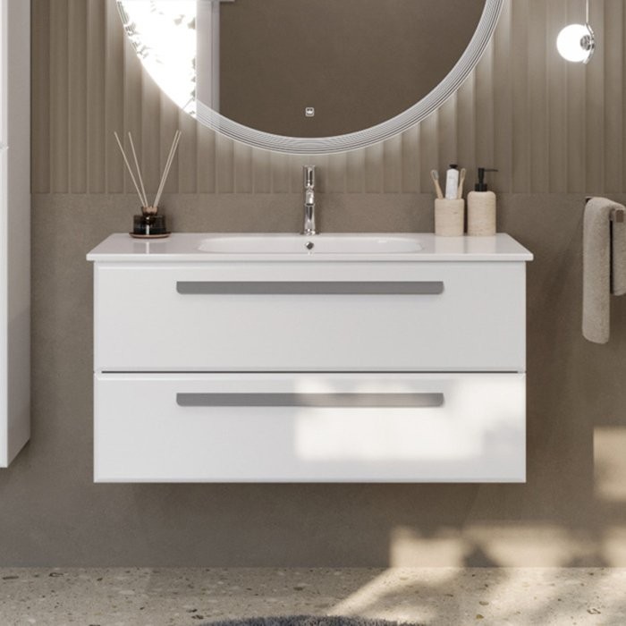 Тумба с раковиной Cezares Eco Cer 100 ручки серые, bianco opaco