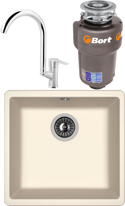 Комплект Мойка Florentina Вега 400 жасмин + Смеситель MEGA Snow MG-SH03 хром + Измельчитель Bort Titan Max Power FullControl