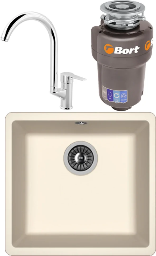 Комплект Мойка Florentina Вега 400 жасмин + Смеситель MEGA Snow MG-SH03 хром + Измельчитель Bort Titan Max Power FullControl