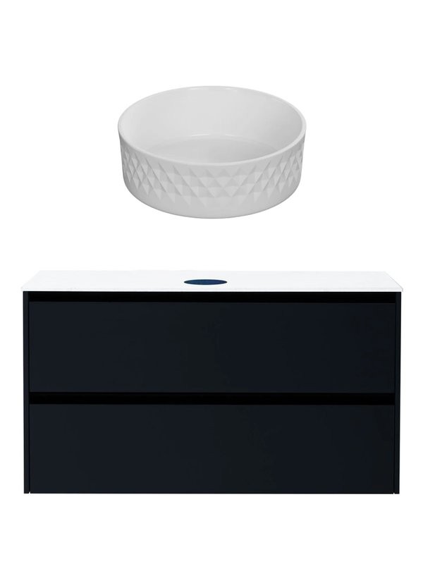 Тумба с раковиной Allen Brau Activity 120 с подсветкой, матовый антрацит, черный браш, столешница белая, раковина Fantasy Romb 36 белая