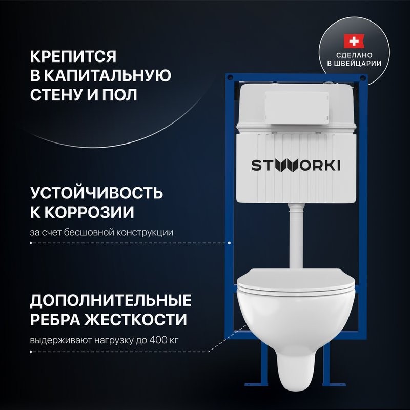 Комплект Унитаз подвесной STWORKI Хедмарк 3510 безободковый + Крышка Smart 0302 быстросъемное, с микролифтом + Инсталляция + Кнопка 230824 белая