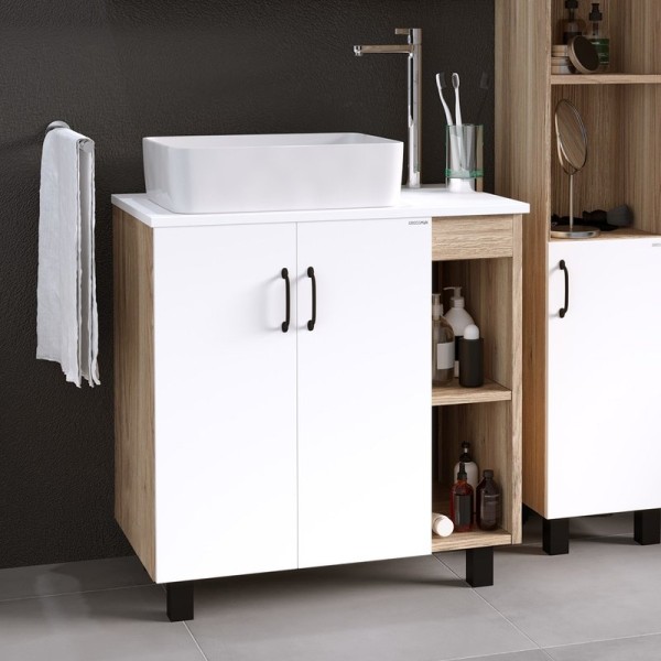 Тумба с раковиной Grossman Флай 80 со столешницей, дуб сонома, белая