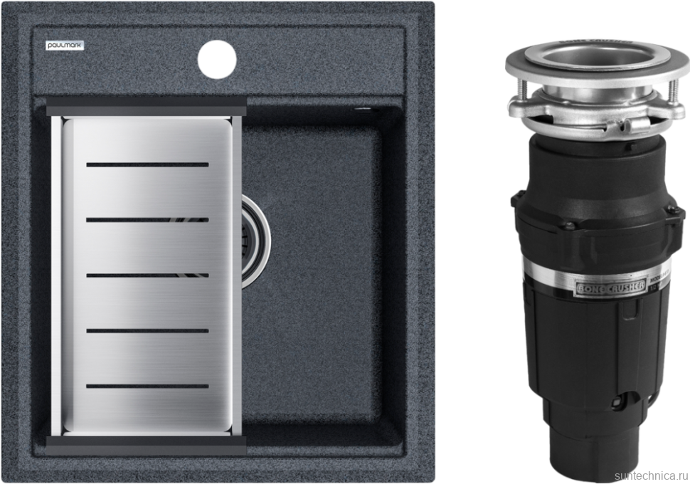 Комплект Мойка Paulmark Stepia PM114651-DG+A375-BS с коландером, графит + Измельчитель Bone Crusher BC 610-AS