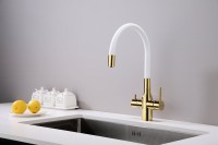 Смеситель для кухни Paulmark Salix 213419-Gw, золото, белый, с гибким изливом