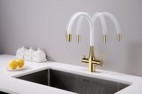 Смеситель для кухни Paulmark Salix 213419-Gw, золото, белый, с гибким изливом