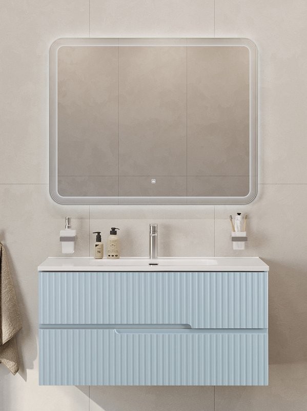 Мебель для ванной комнаты Cezares Duet-n 100 подвесная, 2 ящика, жемчужная голубая, раковина CZR-8095-100