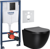 Комплект Унитаз подвесной Vincea Globo VT1-14SMB черный + Звукоизоляция Grohe + Инсталляция Solido 38811KF0 3 в 1 с кнопкой смыва