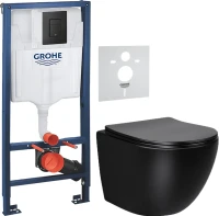 Комплект Унитаз подвесной Vincea Globo VT1-14SMB черный + Звукоизоляция Grohe + Инсталляция Solido 38811KF0 3 в 1 с кнопкой смыва