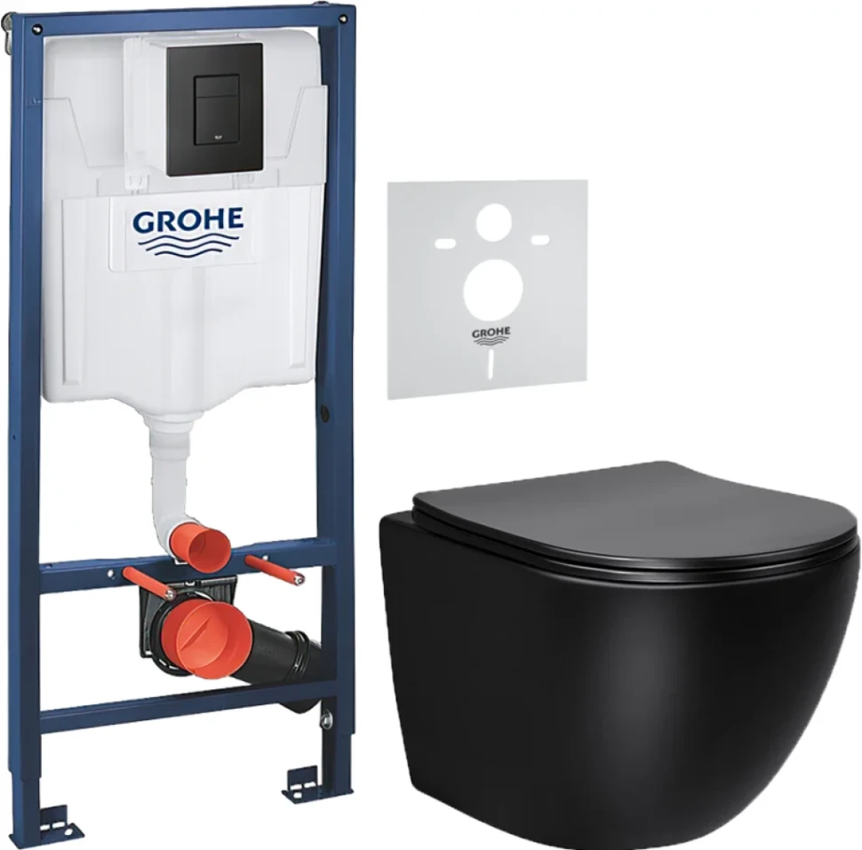 Комплект Унитаз подвесной Vincea Globo VT1-14SMB черный + Звукоизоляция Grohe + Инсталляция Solido 38811KF0 3 в 1 с кнопкой смыва