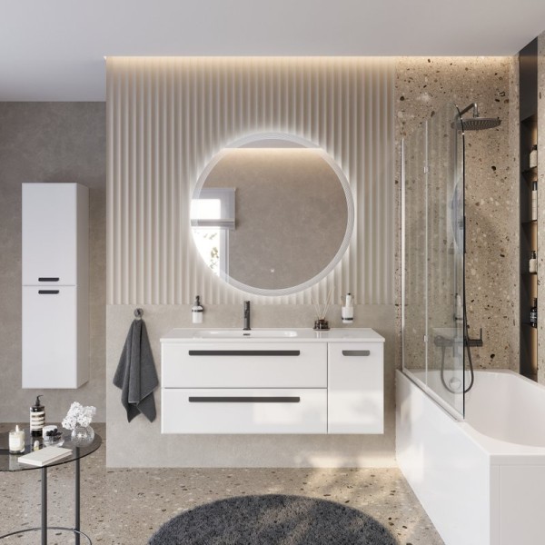 Мебель для ванной комнаты Cezares Eco Cer-N 120 L 2 ящика, 1 дверца, bianco lucido, раковина Duet 120 L, ручки матовые черные