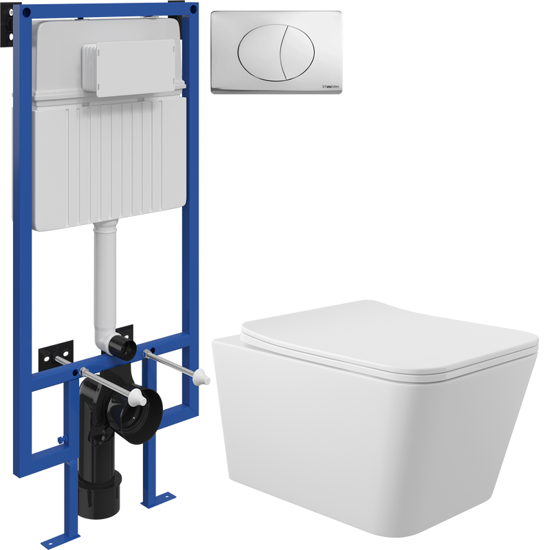 Комплект Унитаз подвесной Aqueduto Macio MAC0120 безободковый, с микролифтом, белый матовый + Инсталляция STWORKI + Кнопка 230822 хром глянцевый