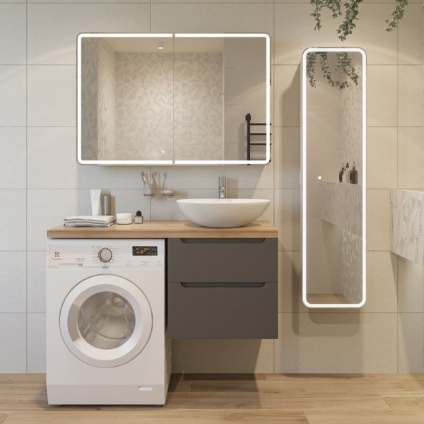 Мебель для ванной комнаты STWORKI Берген 60 серая со светлой столешницей 122, раковина Moduo 55 Leaf, L