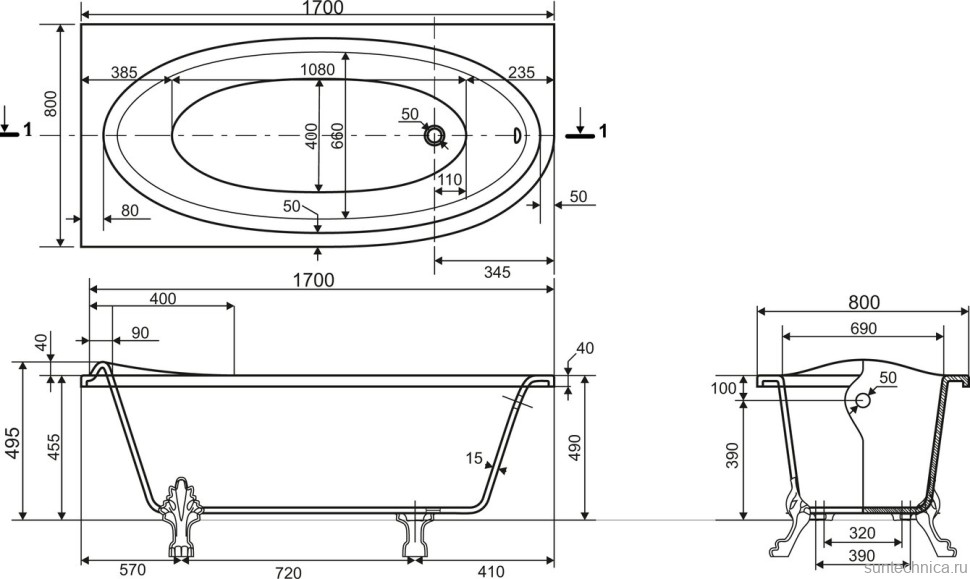 Ванна из искусственного камня Эстет Венеция L 170x80 см, левая, пристенная, асимметричная, на ножках
