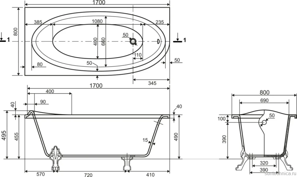 Ванна из искусственного камня Эстет Венеция L 170x80 см, левая, пристенная, асимметричная, на ножках