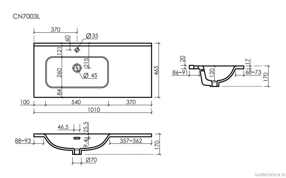 Раковина накладная мебельная Ceramicanova Element прямоугольная 101 см с чашей слева с отверстием под смеситель цвет белый CN7003L