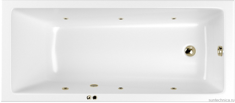 Акриловая ванна WHITECROSS Wave Slim SOFT 170x75 см, встраиваемая, с гидромассажем, белая, с каркасом, со сливом-переливом, фурнитура бронза