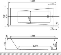 Акриловая ванна WHITECROSS Wave Slim SOFT 170x75 см, встраиваемая, с гидромассажем, белая, с каркасом, со сливом-переливом, фурнитура бронза