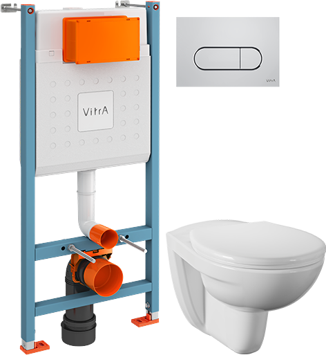 Комплект Унитаз подвесной Norm Fit + Крышка 803-003-701 + Инсталляция VitrA V-Fix Core 732-5800-01 с кнопкой смыва Root R 740-2280 хром