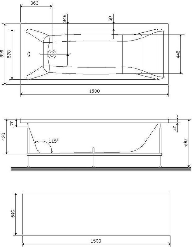 Акриловая ванна AM.PM Gem W93A 150x70 см, пристенная, белая, с каркасом, с экраном