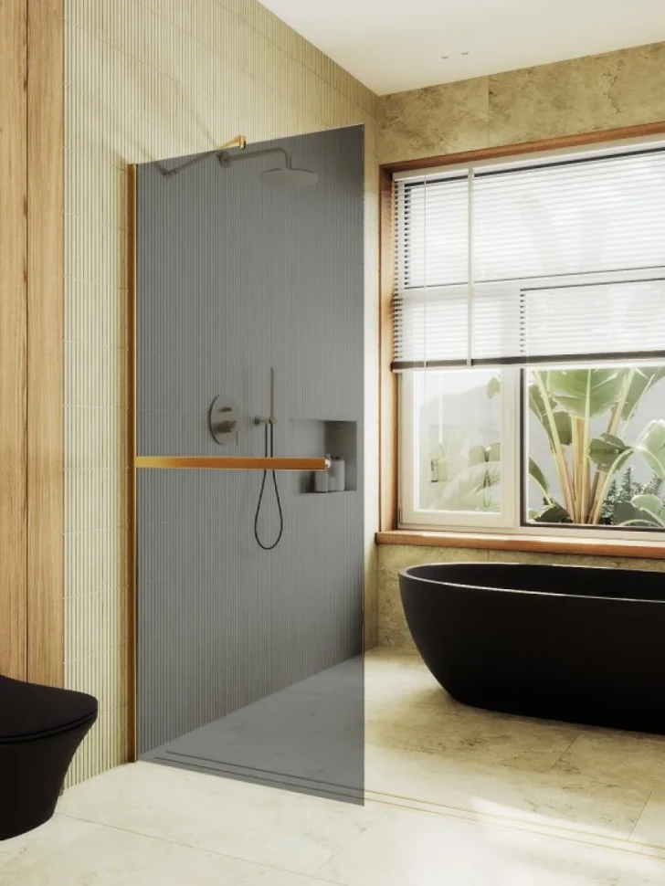 Душевая перегородка Maybahglass MGD-711-3ш 109 см, профиль золото, стекло графит