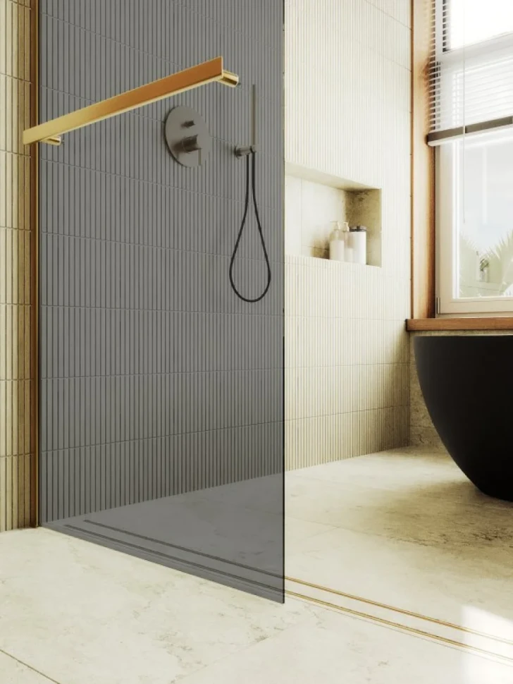 Душевая перегородка Maybahglass MGD-711-3ш 109 см, профиль золото, стекло графит