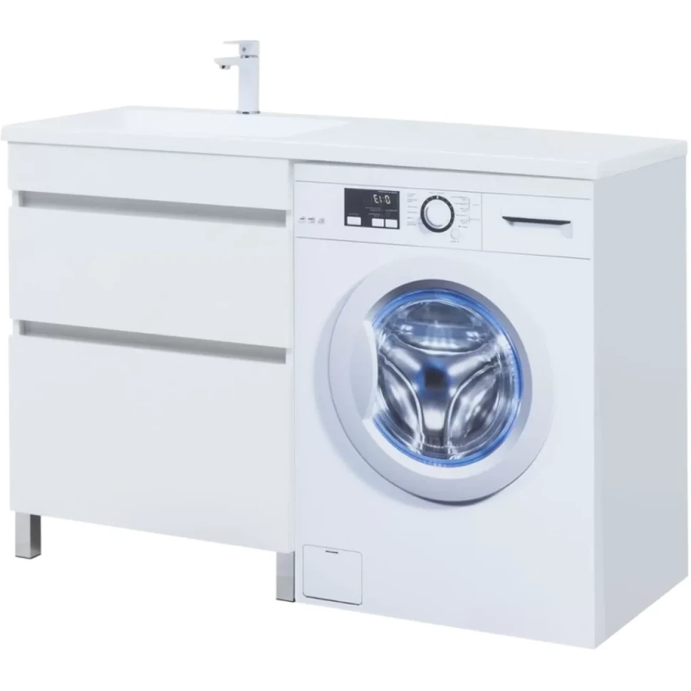 Тумба с раковиной Aquanet Вега 130 L напольная, под стиральную машину, белая глянцевая
