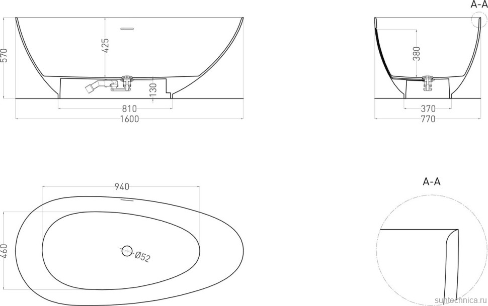 Ванна из искусственного камня Salini Paola S-Sense 160x75 см, отдельностоящая, белая, овальная, со сливом-переливом, с донным клапаном