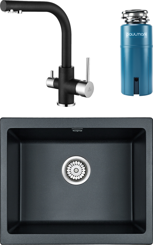 Комплект Мойка Paulmark Gera 60 PM205546-BLM черный металлик + Смеситель Essen Es213011-418 черный металлик + Измельчитель Intenso