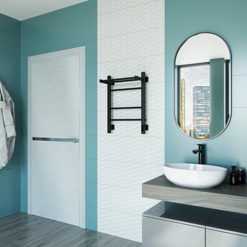 Полотенцесушитель электрический Grota Alto 430х600 RAL9005 EL 60x45 см, подключение справа, слева, скрытое подключение справа, матовый черный, лесенка, из стали, с полкой