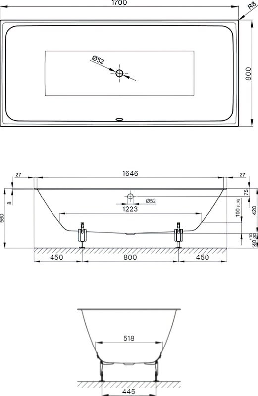 Стальная ванна Bette Loft 170x80 см, встраиваемая, белая, на ножках, с самоочищающимся покрытием, с шумоизоляцией