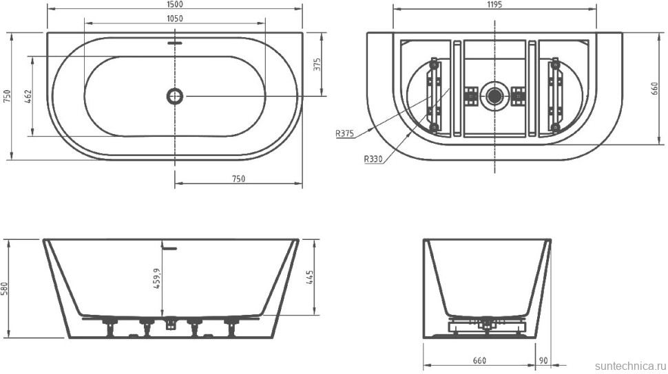 Акриловая ванна BelBagno BB710-1500-750 150x75 см, пристенная, белая, овальная, со сливом-переливом, с донным клапаном