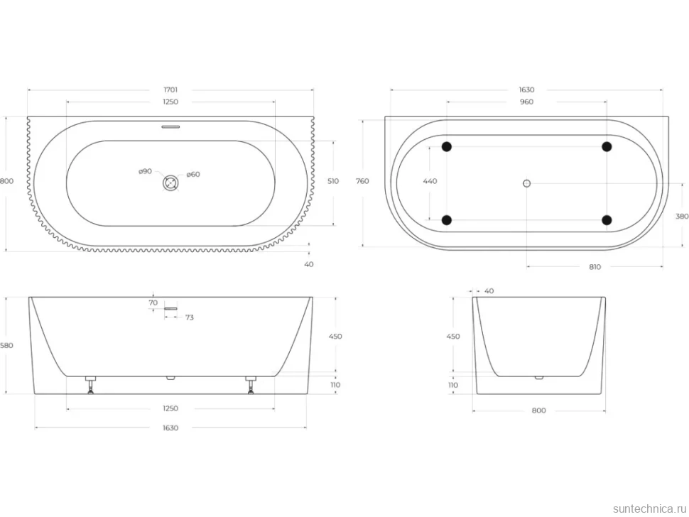 Акриловая ванна BelBagno Uno BB713 170x80 см, пристенная, белая матовая, на ножках, со сливом-переливом, с донным клапаном