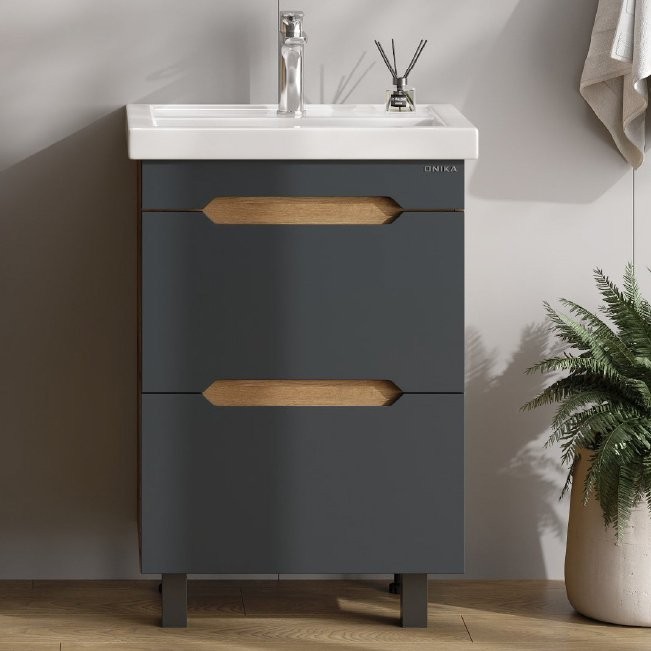 Тумба под раковину без столешницы Onika Айленд 60 напольная, графит, дуб крафт золотой