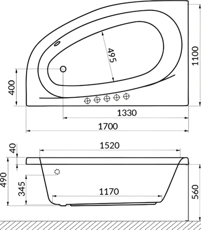 Акриловая ванна Excellent Kameleon Line L 170x110 см, угловая, левая, встраиваемая, с гидромассажем, белая, асимметричная, с каркасом, со сливом-переливом, фурнитура золото