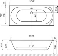 Акриловая ванна Excellent Oceana Slim Line 170x75 см, встраиваемая, с гидромассажем, белая, с каркасом, со сливом-переливом, фурнитура золото