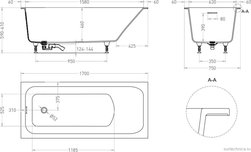 Ванна из искусственного камня Salini Orlanda Kit S-Stone 170x75 см, встраиваемая, матовая белая, на ножках, с донным клапаном