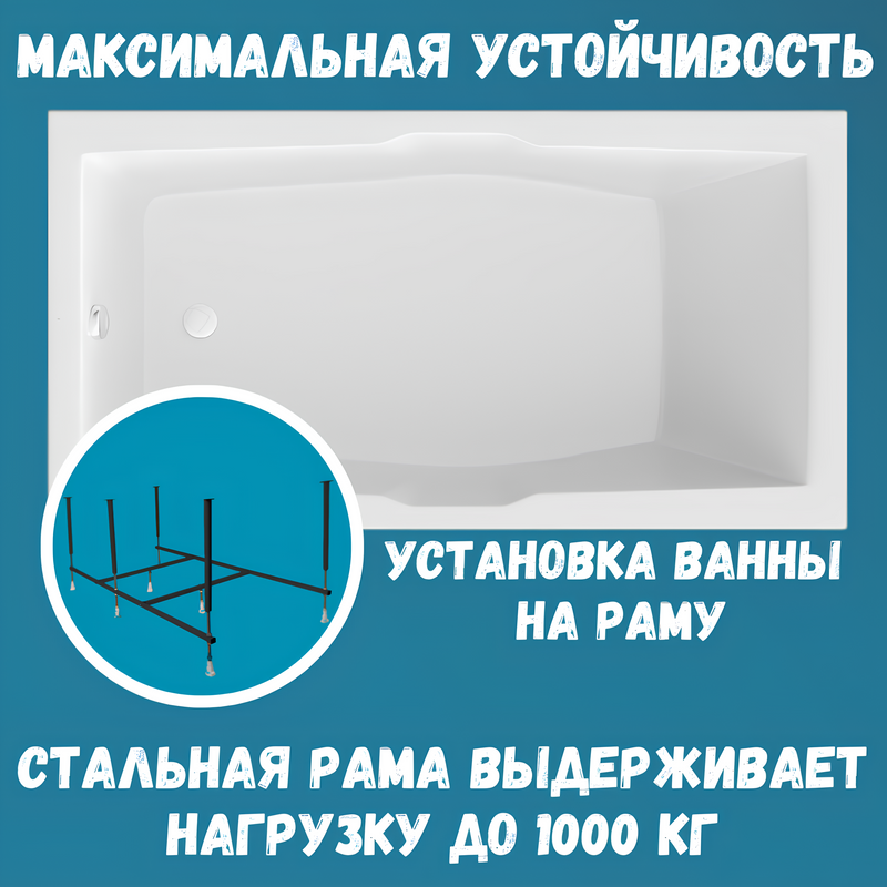 Акриловая ванна 1MarKa Korsika Премиум 190x100 см, пристенная, белая, с каркасом, с экраном, со сливом-переливом