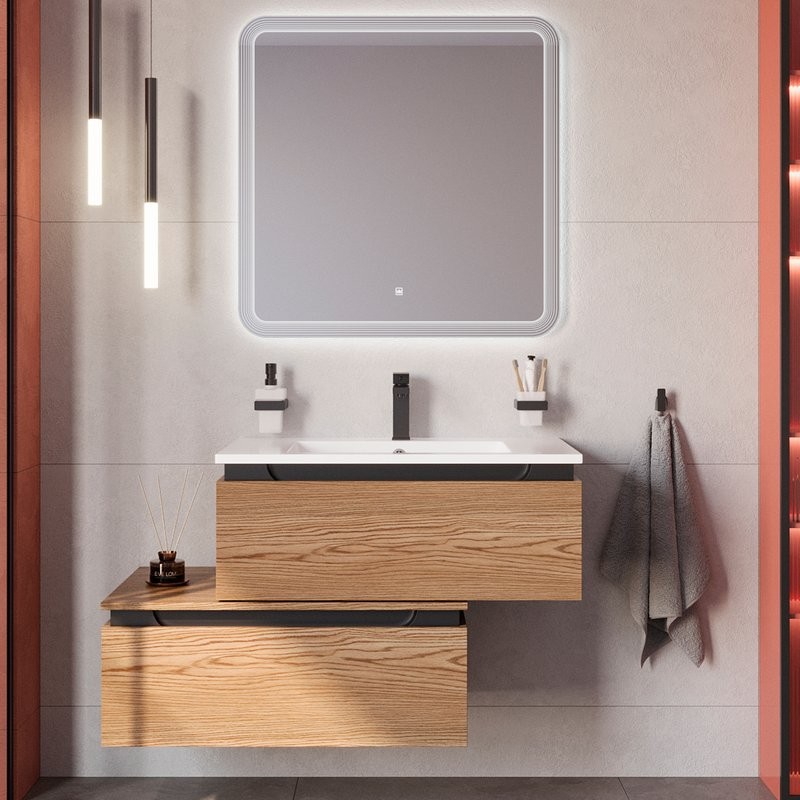 Тумба с раковиной Cezares Slider 80 подвесная, 2 ящика, дуб тангент