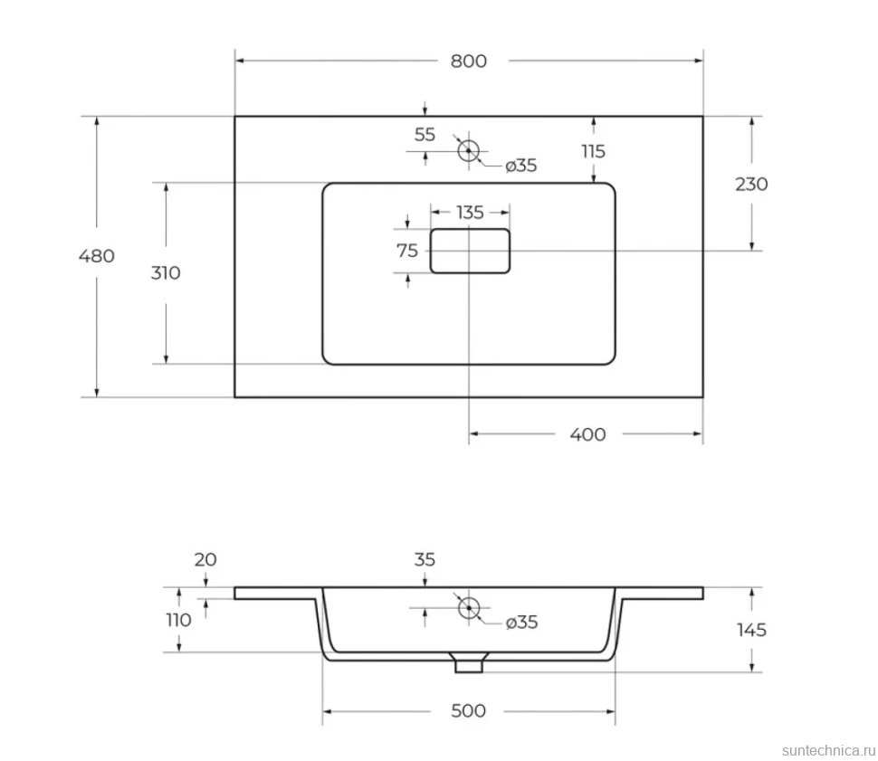 Тумба с раковиной Cezares Slider 80 подвесная, 2 ящика, дуб тангент