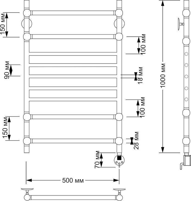 Полотенцесушитель электрический Secado Флоренция 4 105x55 см, подключение справа, бронза, лесенка, латунь