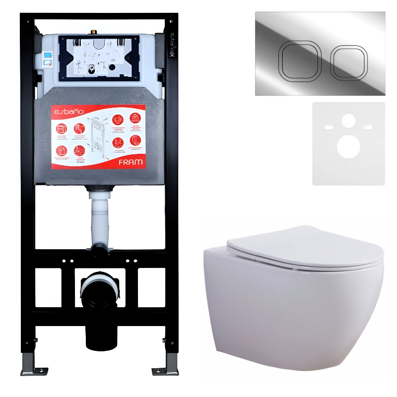 Комплект 3 в 1 Унитаз подвесной Esbano Azalea ESUPAZALW + Инсталляция Fram + Кнопка ESINLPS10SC цвет глянцевый хром