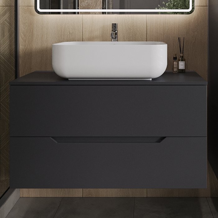 Тумба с раковиной Orange Line 100 подвесная, 2 ящика, матовый графит с раковиной B03-600W