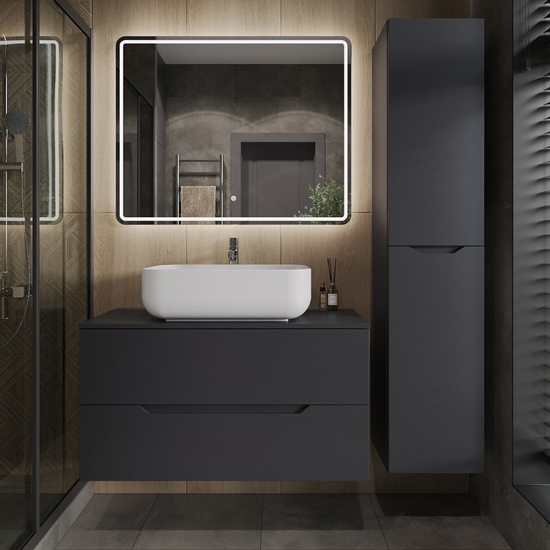 Тумба с раковиной Orange Line 100 подвесная, 2 ящика, матовый графит с раковиной B03-600W