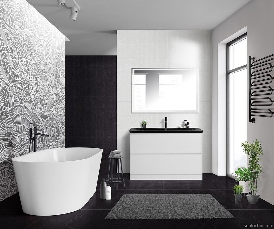 Мебель для ванной комнаты BelBagno Albano 120 напольная, bianco lucido, черная матовая раковина