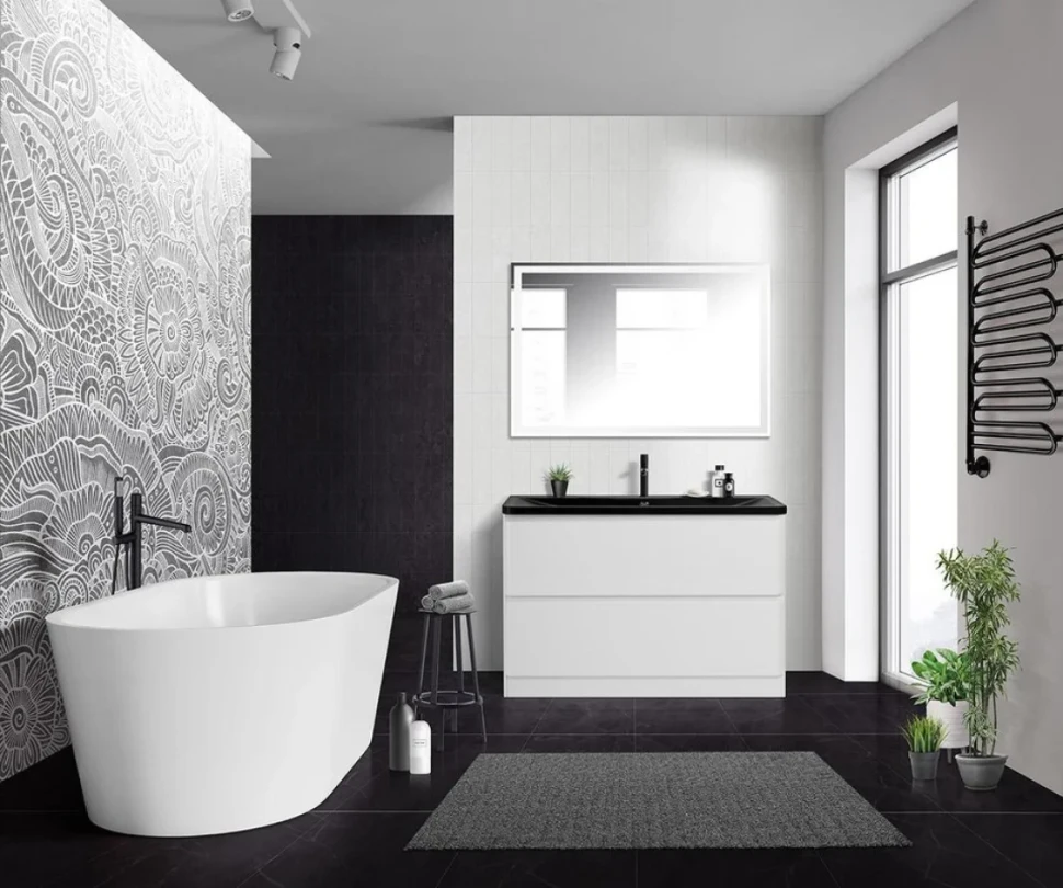 Мебель для ванной комнаты BelBagno Albano 120 напольная, bianco lucido, черная матовая раковина