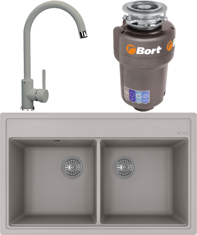 Комплект Мойка Florentina Липси 820 грей + Смеситель Альфа FL грей + Измельчитель Bort Titan Max Power