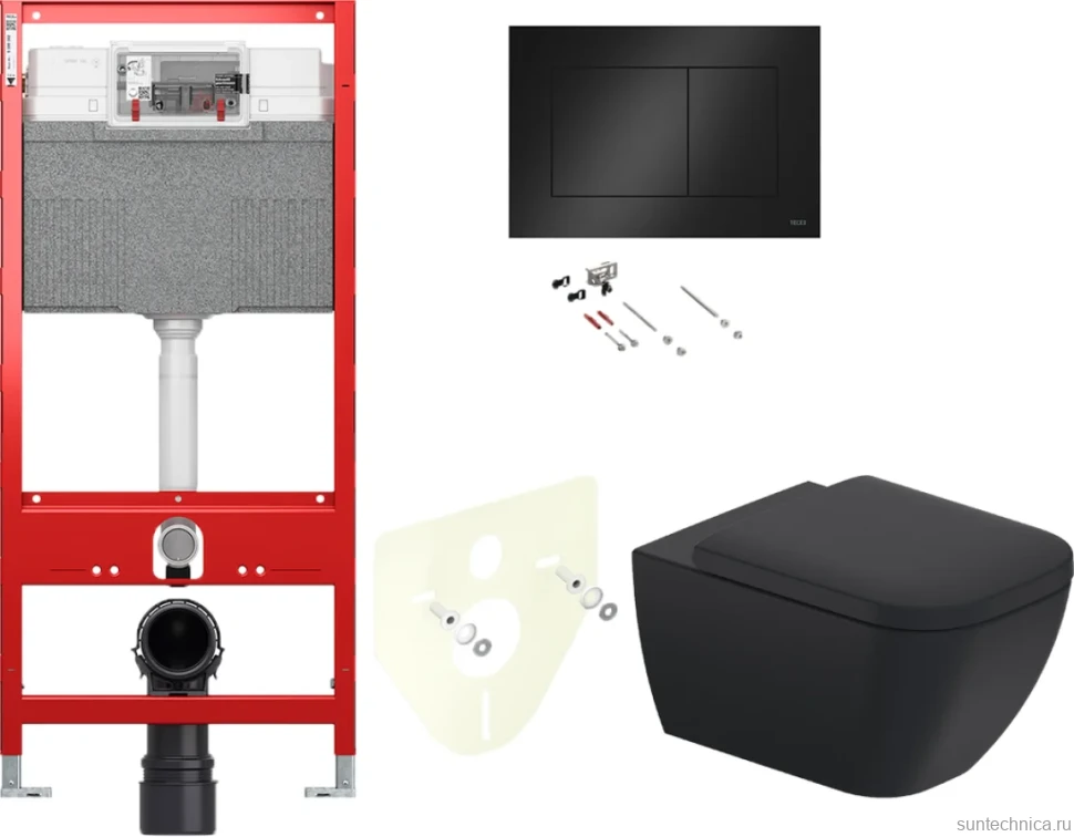 Комплект Унитаз подвесной Duravit Happy D.2 2222098900 rimless + Крышка + Звукоизоляция TECE Profil TECEprofil 9 200 010 + Инсталляция TECEprofil Uni 2.0 9300302 + Кнопка Now 9240407 черный матовый + Крепления TECEprofil 9380014