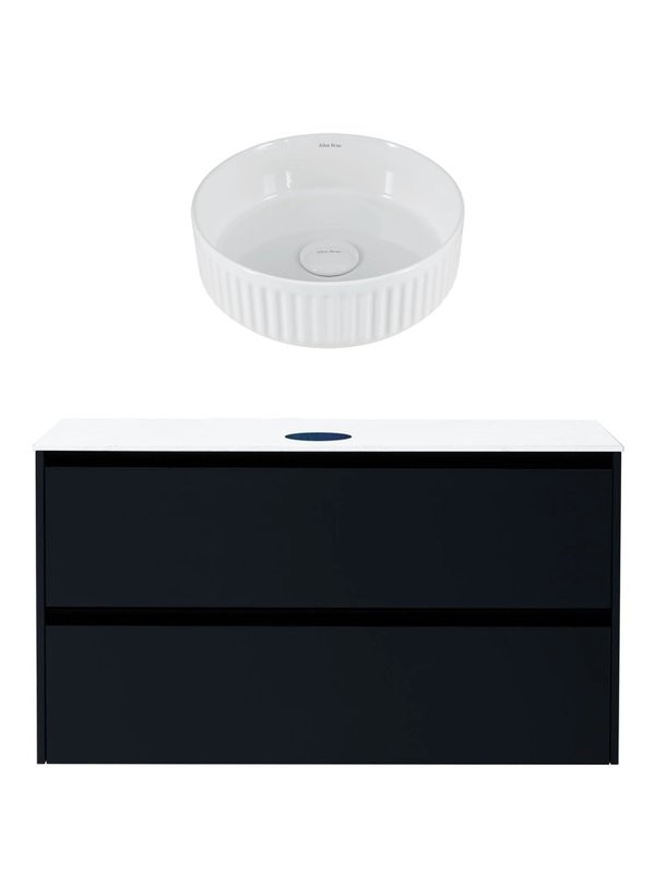 Тумба с раковиной Allen Brau Activity 120 с подсветкой, матовый антрацит, черный браш, столешница белая, раковина Fantasy Line 36, белая