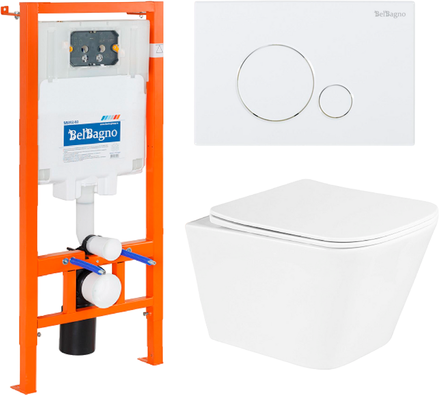Комплект Унитаз подвесной BelBagno Due BB3103CHR/SC безободковый, с микролифтом, инсталляция BB002-80 с кнопкой BB014-SR-BIANCO